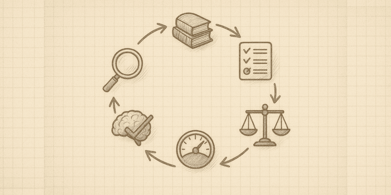 A pencil sketch of a cycle joined by arrows: books, a checklist, a set of scales, a gauge, a brain with a tick, and a magnifying glass