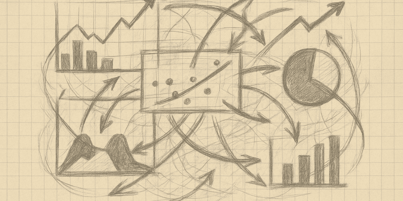 A pencil sketch of bar, line, pie and scatter charts tangled together with arrows pointing in every direction