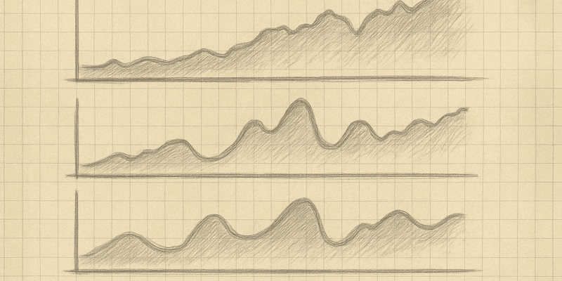 A pencil sketch of three line charts, each trending upwards with a different amount of fluctuation