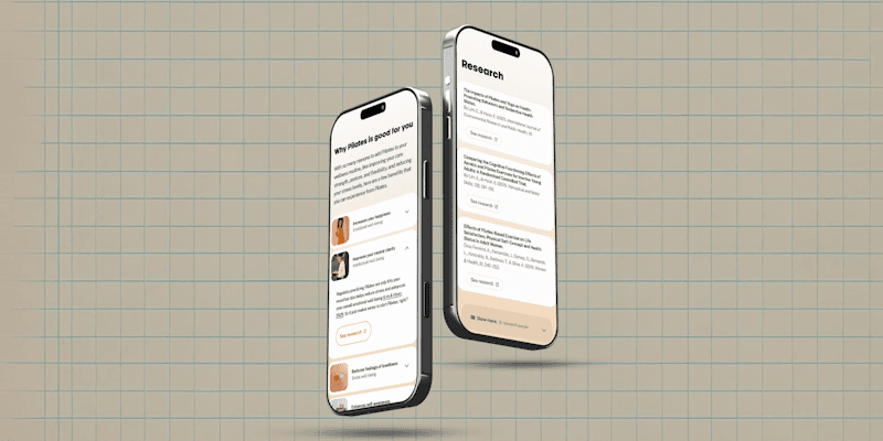 Two phones showing the Bearmore app: an activity page explaining why Pilates is good for you, and a Research page listing the studies behind it