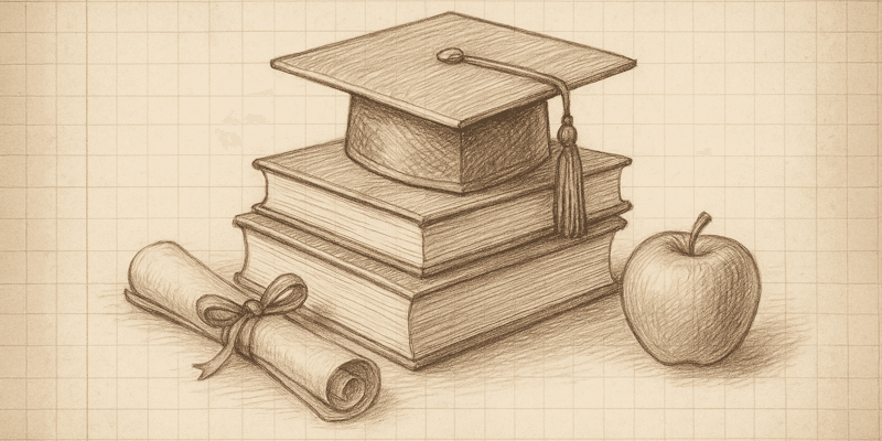 A pencil sketch of a graduation cap on a stack of books, with a rolled diploma and an apple
