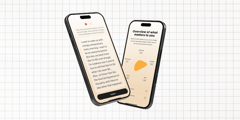 Two phones showing the Bearmore app: a free-text screen where someone describes what they want, and the resulting “Overview of what matters to you” chart