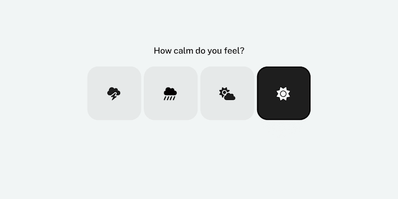 The Calm scale: four weather icons from a thunderstorm to full sun, under “How calm do you feel?”