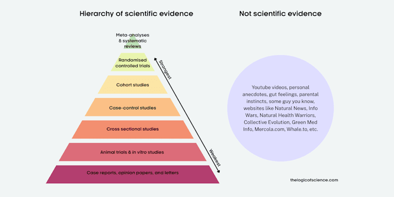 A pyramid of the hierarchy of scientific evidence, strongest at the top: meta-analyses and systematic reviews, randomised controlled trials, cohort studies, case-control studies, cross-sectional studies, animal and in-vitro trials, then case reports and opinion papers. Beside it, a circle of things that are not scientific evidence, including YouTube videos, personal anecdotes and gut feelings