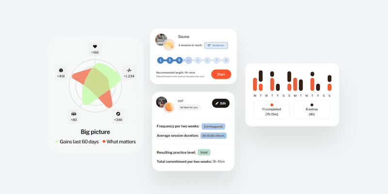 Three Bearmore app panels: a “Big picture” radar chart of gains against what matters, activity cards for sauna and HIIT, and a two-week completion chart