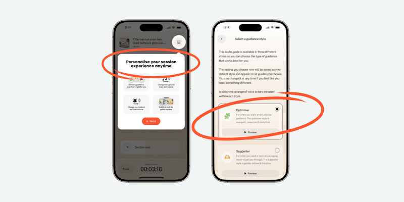 Three guidance-style cards in the Bearmore app — Optimiser, Supporter and Challenger — each with a short description and a preview button