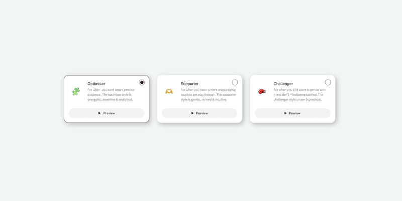 Two Bearmore app screens with annotations circled: “Personalise your session experience anytime”, and the guidance-style picker with Optimiser selected