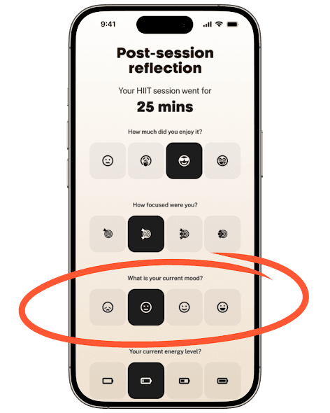 The Bearmore app’s Post-session reflection screen, with the “What is your current mood?” row circled