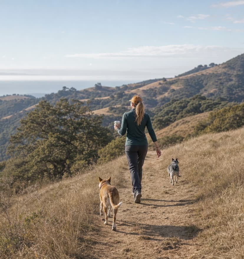 A woman walking two dogs along a dirt trail through dry grass, with hills and the sea behind her