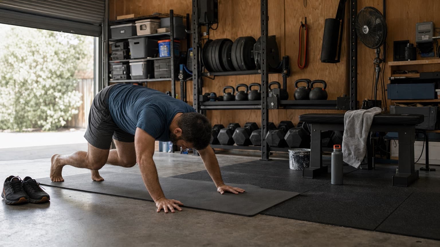 A man doing mountain climbers on a mat in an open garage gym