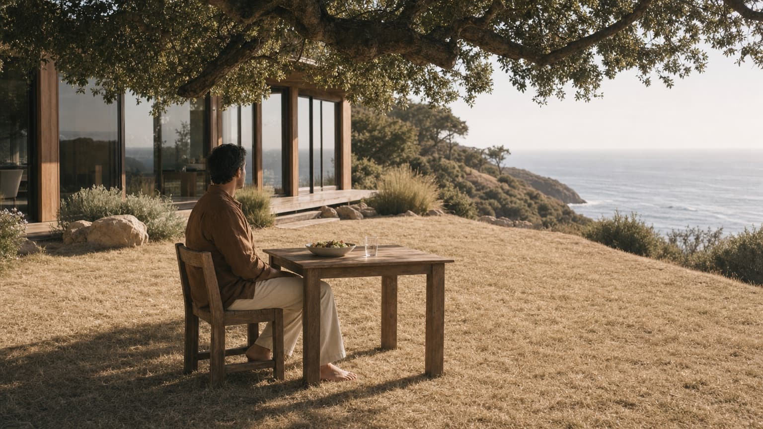 A man sitting alone at an outdoor table under a tree, looking out over the sea